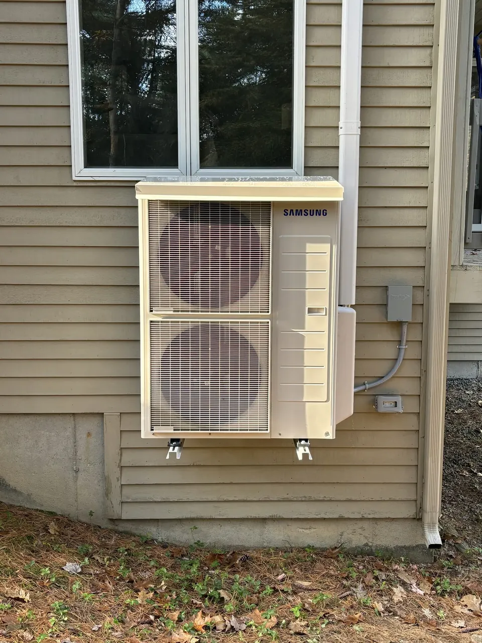 Samsung heat pump outdoor condenser installed at a Falmouth, Maine home