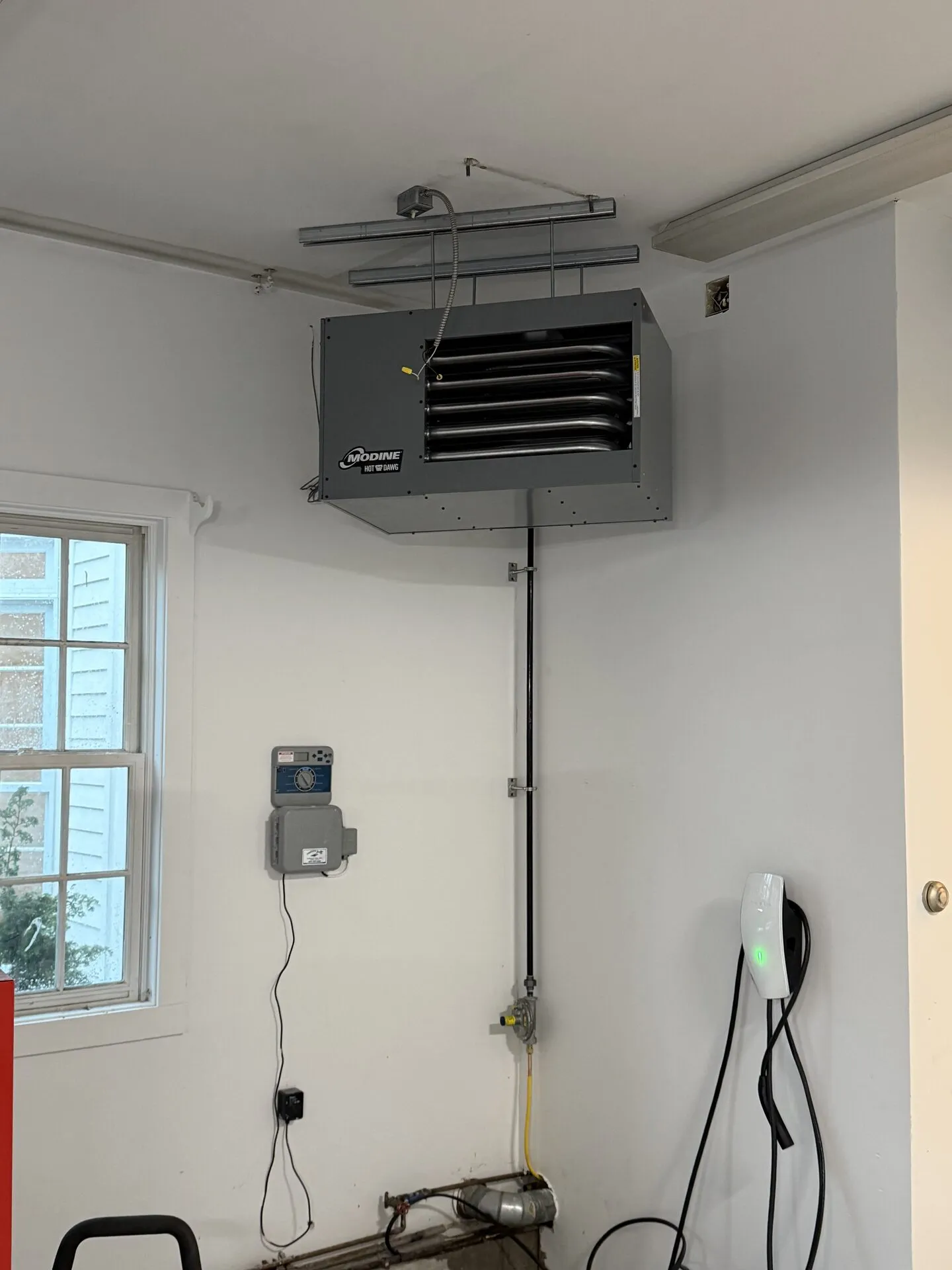 Modine Hot Dawg gas-fired unit heater installed in a Southern Maine garage